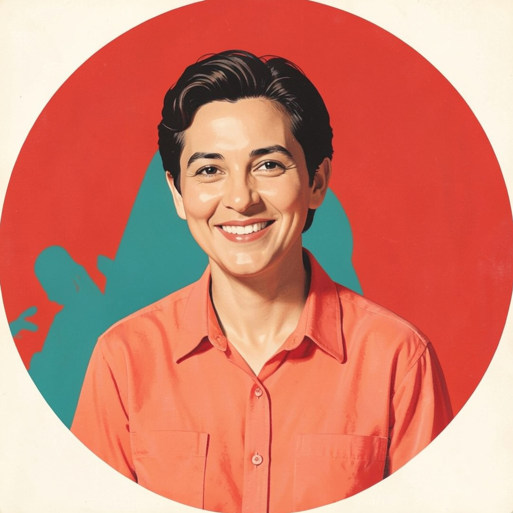 Circular portrait illustration of a third contributor in a coral shirt against a teal background, friendly pose, flat matte poster style