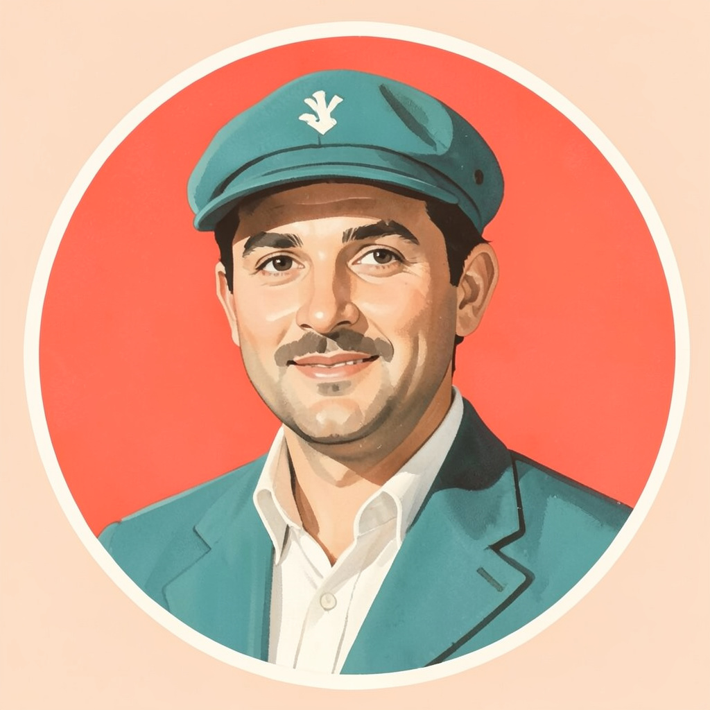 Circular portrait illustration of a contributor wearing a teal cap against a coral background, painted in flat matte poster style