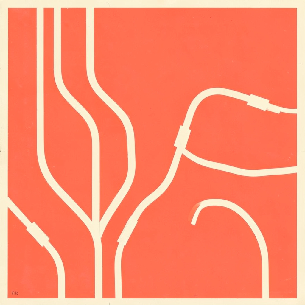 Flat matte poster artwork in coral and cream with abstract plug and cable shapes, retro style cover art