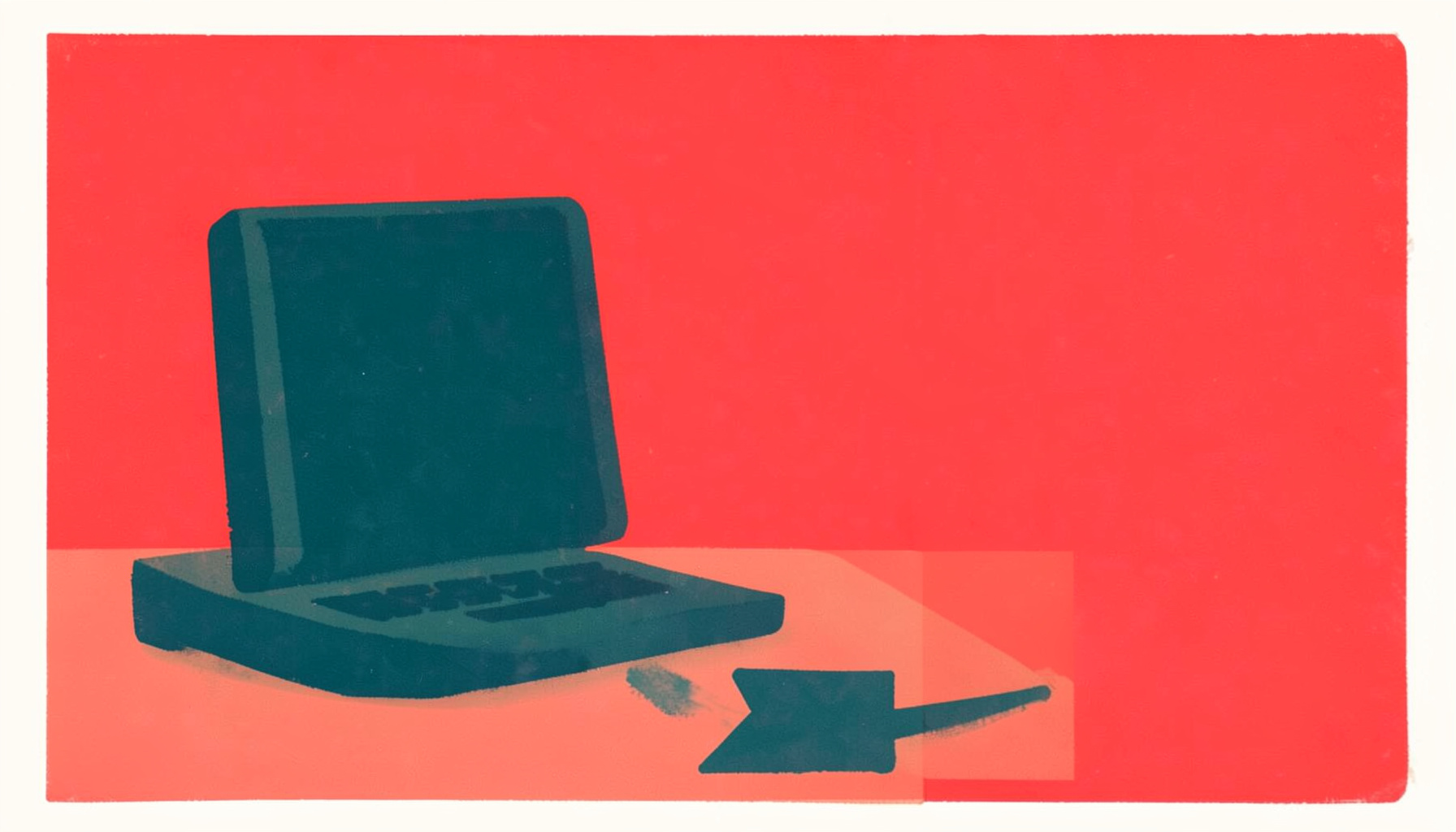 Wide preview frame in deep teal and coral showing an abstract laptop silhouette with a play arrow in flat matte poster style