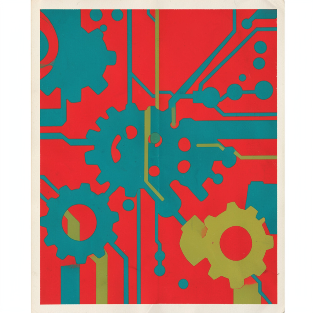 Flat matte poster artwork in teal and mustard with abstract circuit and gear shapes, retro style cover art