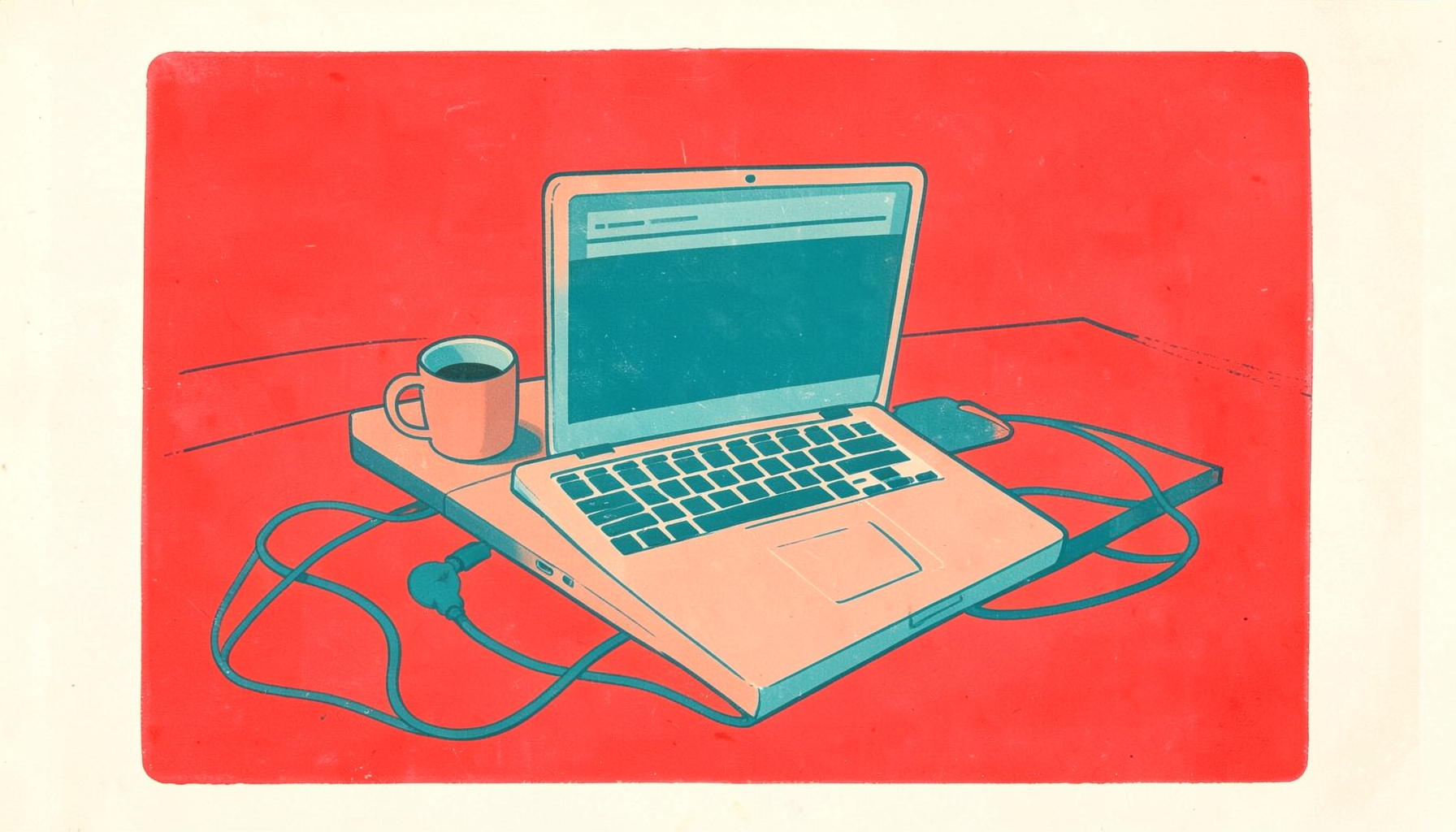 Wide illustration of a desktop workspace in coral and teal gouache style, showing a laptop, a coffee mug, and coiled cable shapes on a cream surface