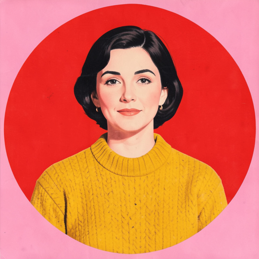 Circular portrait illustration of a second contributor in a mustard sweater against a pink background, flat matte poster style